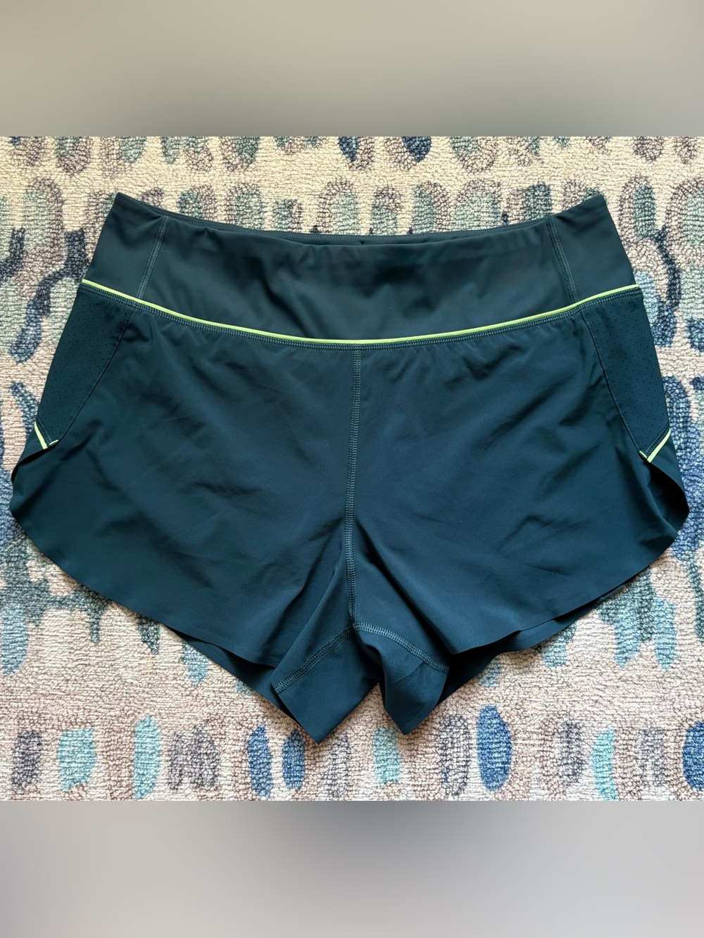 Athleta Women’s Dark Teal Running Shorts with Neon Yellow Trim, Size M, $18